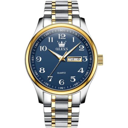 Men's Casual Stainless Steel Watch, Big Face Easy to Read Analog Quartz Watch with Day and Date, Classic Waterproof Diamond Roman Arabic Numerals Dial Dress Watch for Men, Gold Silver Black Band