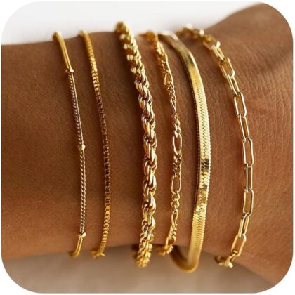 DEARMAY 14K Gold Plated Bracelets for Women Waterproof, Jewelry Sets Trendy Thin Dainty Stackable Cuban Link Paperclip Chain Bracelet Pack Fashion Accessories Gifts for Womens