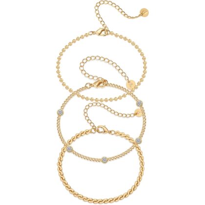 PAVOI 18K Gold Plated Chain Bracelet Pack for Women | Jewelry Set of 5 Stackable Bracelets Paperclip Snake Rope Figaro Beaded Chains