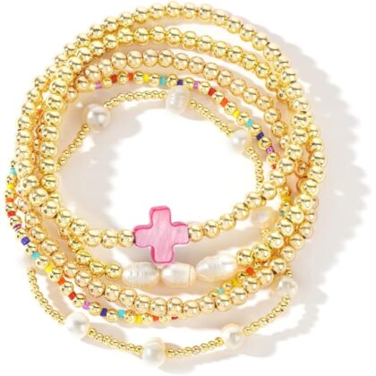 14K Gold Pearl Beaded Cross Bracelets Stack Set for Women,Stretch Boho Colorful Christian Beads Ball Jewelry Trendy Gift