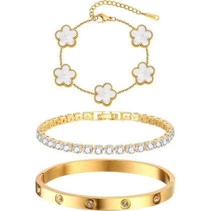 Womens Stackable Floral Gold Bracelets - 3Pcs 18K Gold Plated Bracelet,Stainless Steel Bangle Bracelets Non Tarnish, Gold Bracelet Set Trendy Jewelry,Christmas Valentines Birthday Gifts for Girlfriend