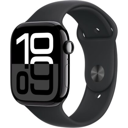Apple Watch Series 10 [GPS 46mm case] Smartwatch with Jet Black Aluminium Case with Black Sport Band - M/L. Fitness Tracker, ECG App, Always-On Retina Display, Water Resistant