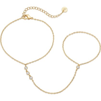 PAVOI 14K Gold Plated Freshwater Pearl Gold Hand Chain Bracelet for Women - Trendy Ring Bracelet Hand Chain Body Jewelry