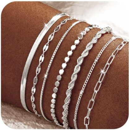 Kyerlyn Silver Bracelets for Women Trendy Waterproof Silver Dainty Bracelet Stack Adjustable Layered Bracelet Set Minimalist Fashion Jewelry