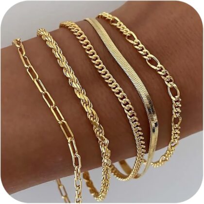 DEARMAY 14K Gold Plated Bracelets for Women, Jewelry Sets Cute Tennis Beaded Bracelets Cuban Link Paperclip Chain Dainty Bracelet Pack Gifts