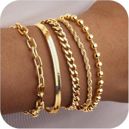 Gold Bracelets for Women Non Tainish,Dainty Bracelets Stack for Women Trendy, Gold Plated Cuff Bracelets Stack With Beaded Cuban Paperclip Snake Rope Bangle Hand Chain Jewelry Gifts for Women