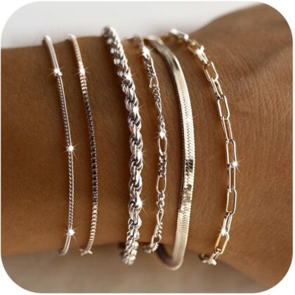 DEARMAY Dainty Silver Plated Bracelets for Women Trendy, Silver Jewelry Set for Women Bracelets for Women Paperclip Box Herringbone Figaro Rope Chain Bracelet Fashion Pack Gifts for Women