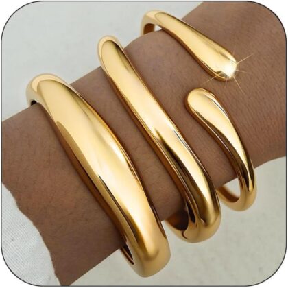 Chunky Gold Bangles for Women, 14k Gold Plated Twisted Hinged Stackable Bangle Bracelet Set, Trendy Cuff Bracelet Stack Fashion Jewelry Gifts