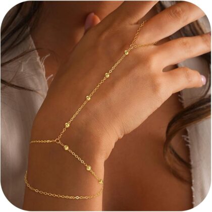 Hand Chain Bracelets for Women - 14K Real Gold Plated Dainty Stackable Paperclip Link Bracelets Hand Chain Bracelet Ring Gold Bracelets for Women Trendy