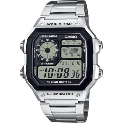 Casio AE1200WH Series | Men’s Digital Watch | 100M WR | Multi Alarms | 100 SEC Stopwatch | Countdown Timer | World Map for World Time | LED Light | LC Analog Display | 10 Year Battery