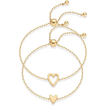 PAVOI 14K Gold Plated Matching Heart Charms Solitaire Bracelet Set for Women | Adjustable Love Friendship Two Bracelet Pack