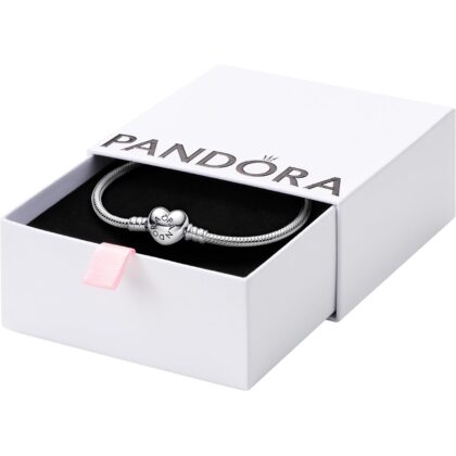 PANDORA Moments Heart Clasp Snake Chain Bracelet - Compatible Moments Charms - Gift for Her - Sterling Silver - With Gift Box
