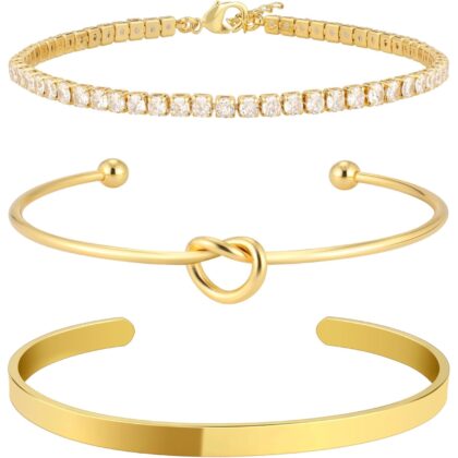 Gold Bangle Cuff Knot Bracelet for Women Stack Non Tarnish Gold Plated Dainty Cubic Zirconia Tennis Bracelets Jewelry Set for Women Trendy