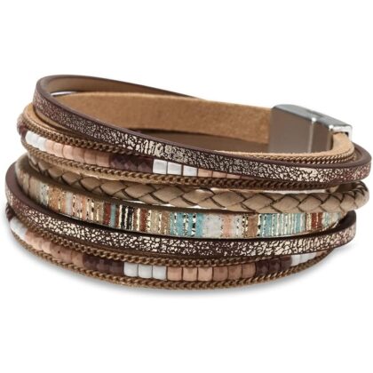 Fesciory Leather Wrap Bracelets for Women, Boho Leopard Multi-Layer Crystal Beads Cuff Bracelet Jewelry