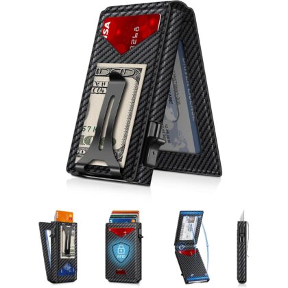 Wallet for Men RFID Wallet with Money Clip, Slim Pop Up Card Holder for 10-12 Cards, Minimalist Smart Credit Card Case with ID Window, Bifold Metal Wallet for Front Pocket, Gifts for Men