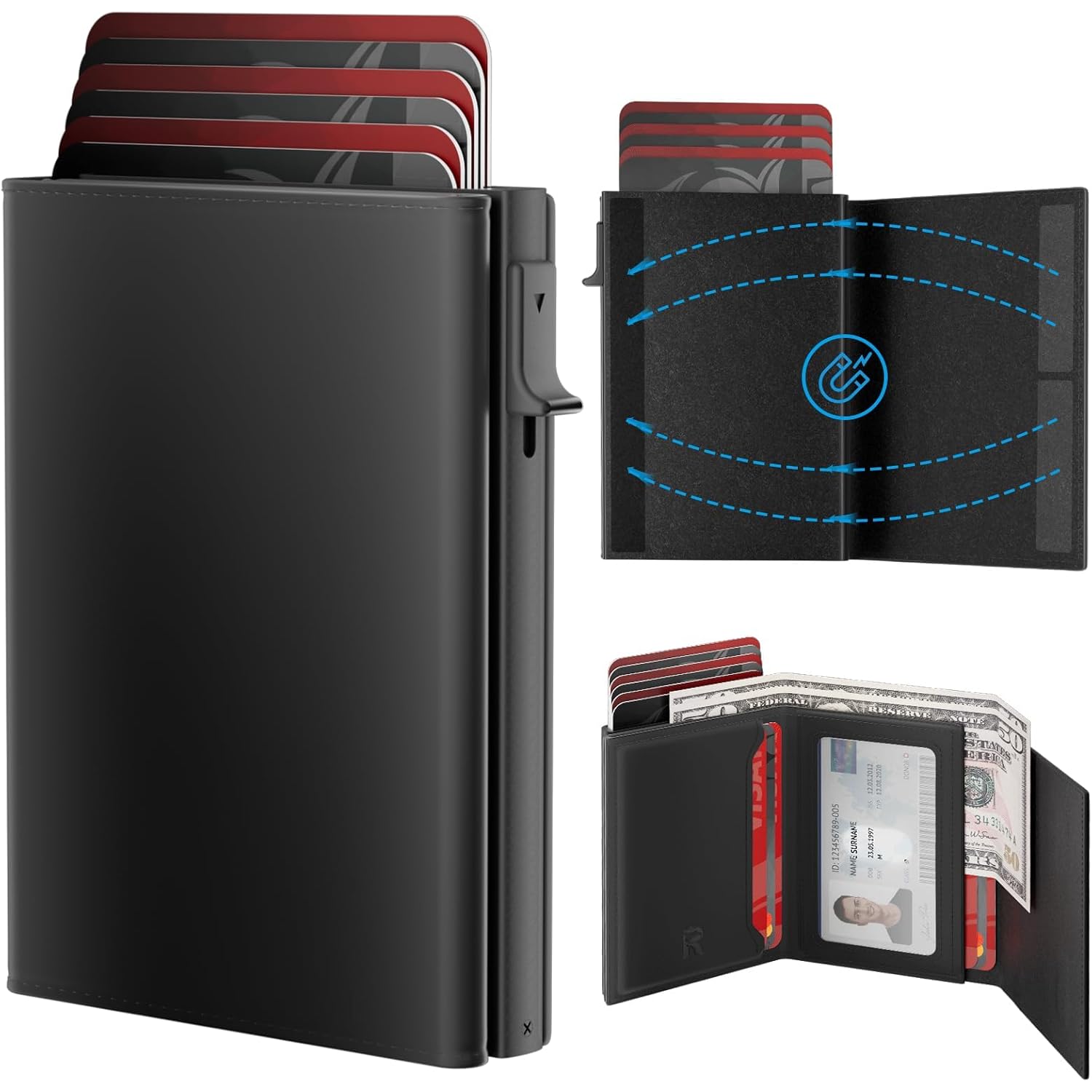 Wallet for Men - Slim Credit Card Holder, Pop Up Card Case, Top Grain Leather, RFID Blocking, Minimalist & Small Design, Hold 13 Cards & 15 Bills with ID Window (Black)