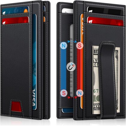 Wallet for Men 14-16 Cards, Minimalist Men Leather Wallet, Men's Front Pocket Bifold Wallets with Money Clip, Slim Thin Card Holder RFID Blocking Bill Folder & Magnetic Closure, Gifts for Men, Black