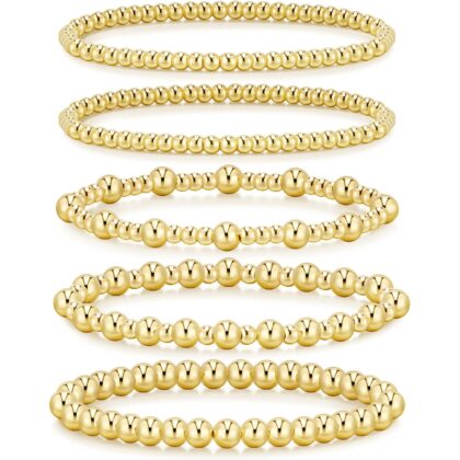 adoyi Gold Bracelets for Women Waterproof, 14K Gold Plated Beaded Strand Bead Ball Bracelets stack Adjustable Jewelry Set for Gifts