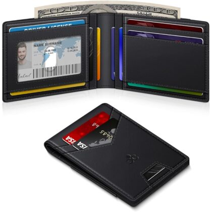 Wallet for Men Slim Leather Wallets for 13-17 Cards, RFID Blocking Thin Card Holder Wallet with ID Window & Large Capacity Cash Slot, Minimalist Bifold Small Wallet for Front Pocket, Gift for Men