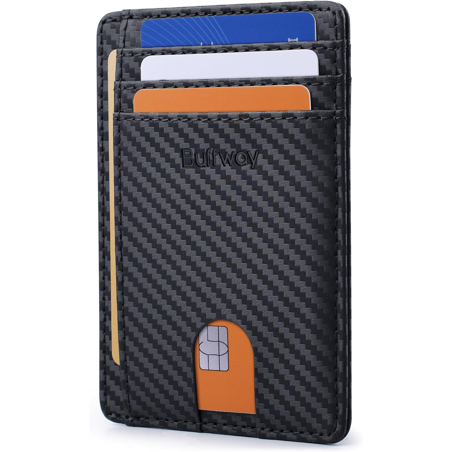 Buffway Slim Minimalist Front Pocket RFID Blocking Leather Wallets for Men and Women - Carbon Fiber Black