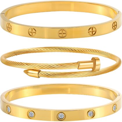 Gold Bracelets for Women - Stackable Bangles with Friendship & Love Theme - Stainless Steel Jewelry Gift for Her