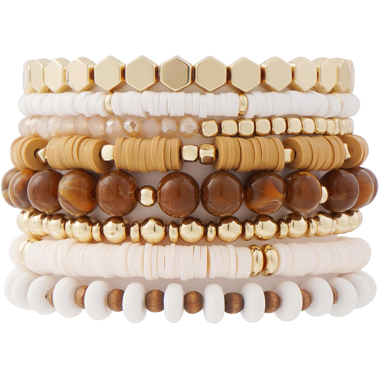GOOJIDS Surfer Heishi Clay Bead Bracelets for Women Bohemian Stackable Gold Plated Beaded Stretch Bracelets Elastic Layering Friendship Bracelets Set Boho Jewelry