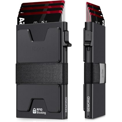 Slim Aluminum Card Holder Wallet for Men, Durable Expandable Backplate, RFID Blocking Minimalist Metal Pop Up Wallet, Holds 12+ Cards Plus Cash (Black)