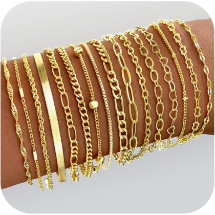 16 PCS Gold Bracelets for Women, Dainty Bracelets Set for Women Trendy, Gold Stackable Cuban Link Paperclip Chain Bracelet Pack Jewelry Gifts for Women