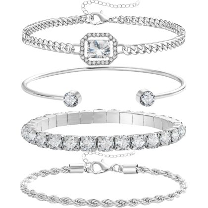 4 Pcs Dainty Gold Silver Bracelets Set for Women 14K Plated Link Cubic Zirconia Paperclip Stake Layering Chain Adjustable Trendy Hand Jewelry