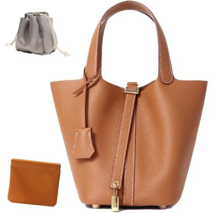 Genuine Leather Lock Design Bucket Bag Vegetable Basket, Fashionable and Versatile Satchel Handbag