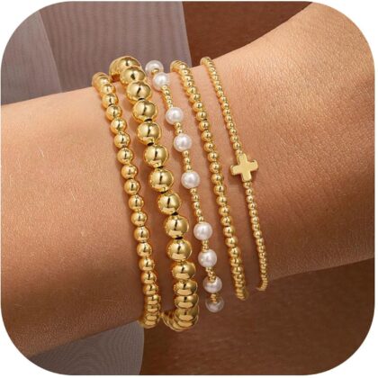 Yoosteel Gold Beaded Bracelets Set for Women, 14K Gold Plated Dainty Round Bead Ball Pearl Cross Bracelet for Women Simplicity Stackable Jewelry Gifts