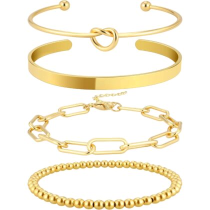Reoxvo Gold Plated Bangle Cuff Bracelets for Women Non Tarnish Gold Bracelet Stack Jewelry Set for Women Trendy