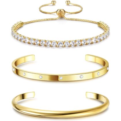 Fansilver 14K Gold Bracelets for Women Trendy Bangle Cuff Chain Bracelets Set Gold Plated Paperclip Bead Tennis Bracelet Chunky Gold Filled Bracelet Stack 3/4PCS