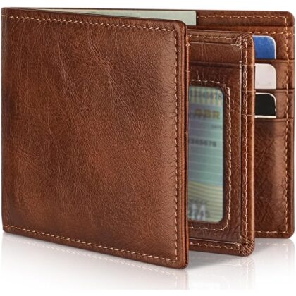 Mens Wallet Genuine Leather Bifold RFID Blocking Wallet for Men with 1 ID Window 13 Card Holders 2 cash pockets 1 Gift Box