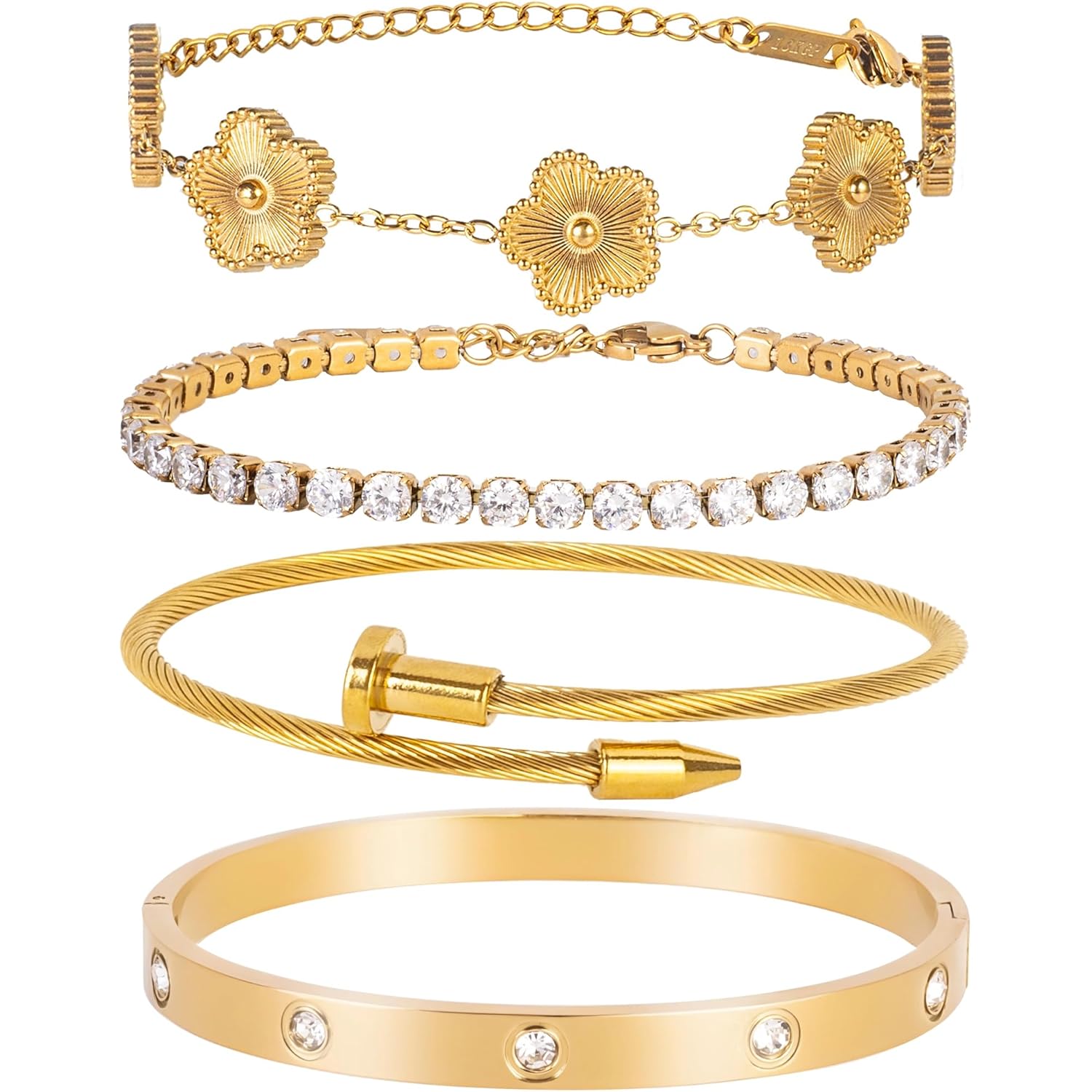 18K Gold Plated Nail love Bangle Bracelet Set for Women Stackable Gold Clover Adjustable tennis bracelet Trendy Gift Jewelry for Mother's Day Anniversary