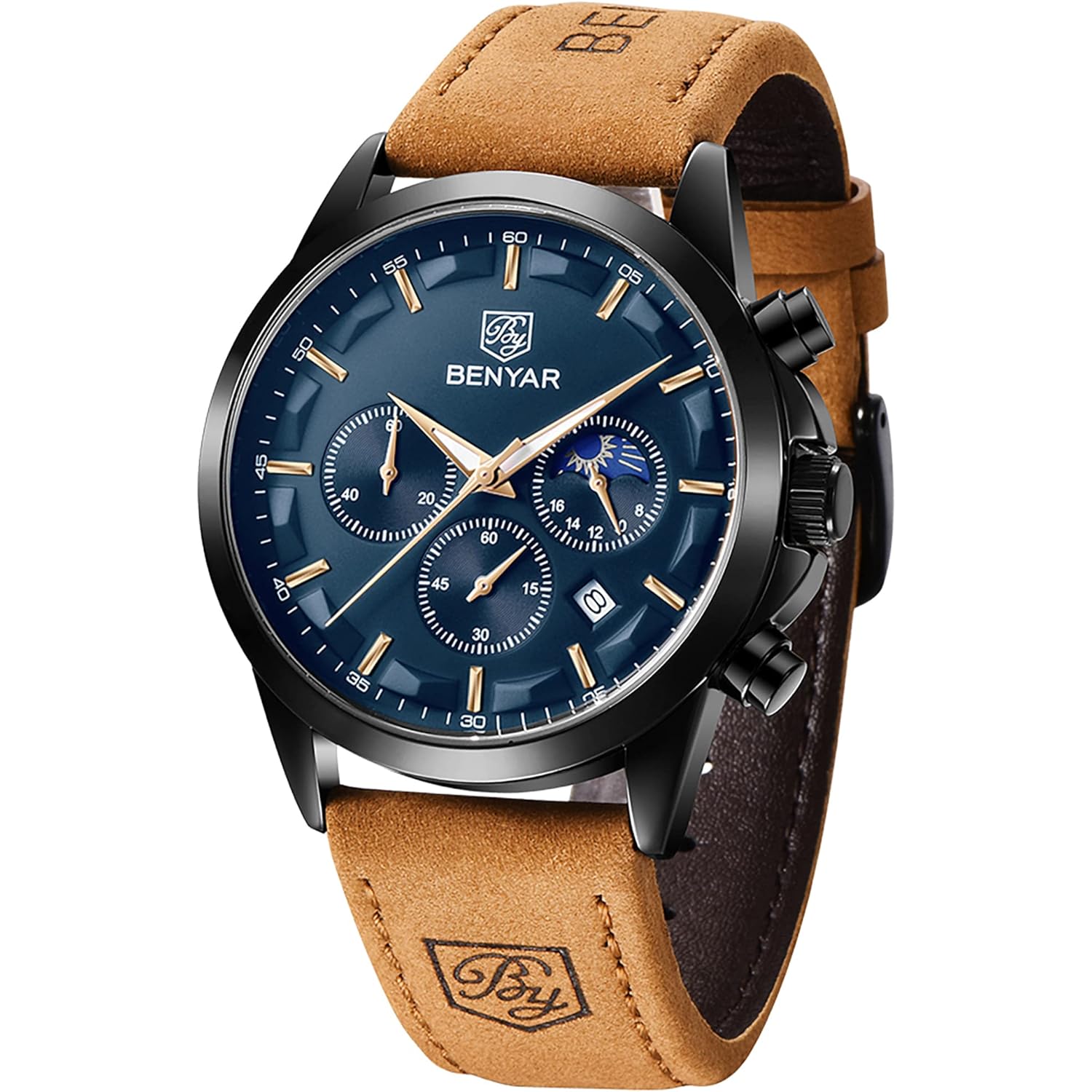BY BENYAR Mens Watches Analog Quartz Chronograph Waterproof Wrist Watches for Men Fashion Business Work Casual Sport Designer Dress Watch with Calendar Elegant Gifts for Men