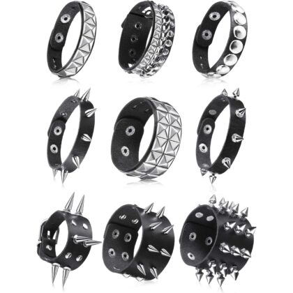 Hicarer 9 Pieces Spiked Studded Bracelet Black Leather Rivet Punk Bracelet Cuff Wrap Bangle Snap Button Metal Wristband for Men Women