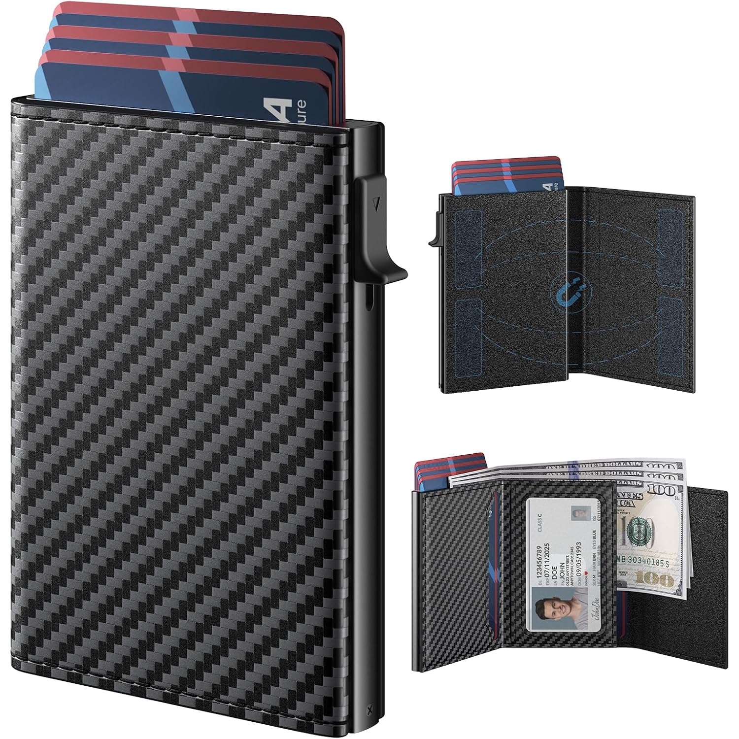 typecase Mens Wallet Card Holder: Pop Up Aluminum Case, Genuine Leather, Smart, RFID Blocking, Slim, Minimalist, Front Pocket - 9-14 Card Capacity | ID Window | Cash Slot (Carbon Fiber)