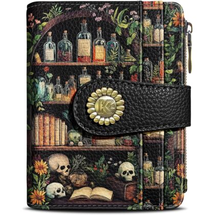Bookshelves Skull Goth Gothic Small Rfid Women Wallet Bifold Zipper Coin Pocket PU Leather Compact Cash Credit Card Holder Travel Wallet Female Ladies Teen Girls 1 ID Window 10 Card Slots