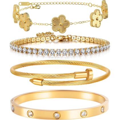 18K Gold Plated Womens Stackable Floral Gold Clover Bracelets Set Love Bangle Bracelets Non Tarnish, Nail Bracelet Set Trendy Jewelry,Gifts for Women's Day and Mother's Day