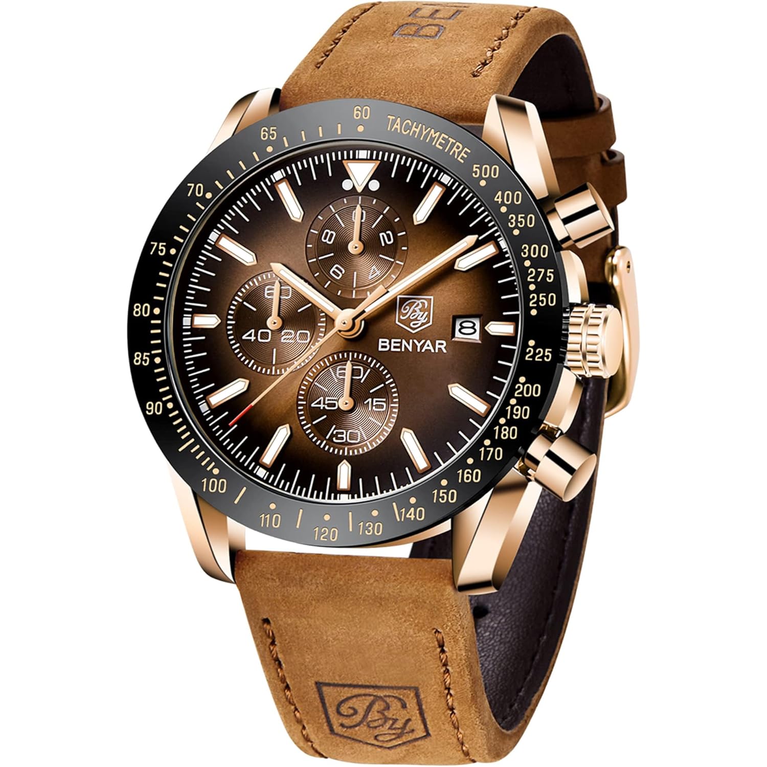 BY BENYAR Watch for Men Analog Quartz Chronograph Waterproof Luminous Designer Mens Wrist Watches Business Work Sport Casual Dress Watch with Silicone Strap Elegant Gifts for Men