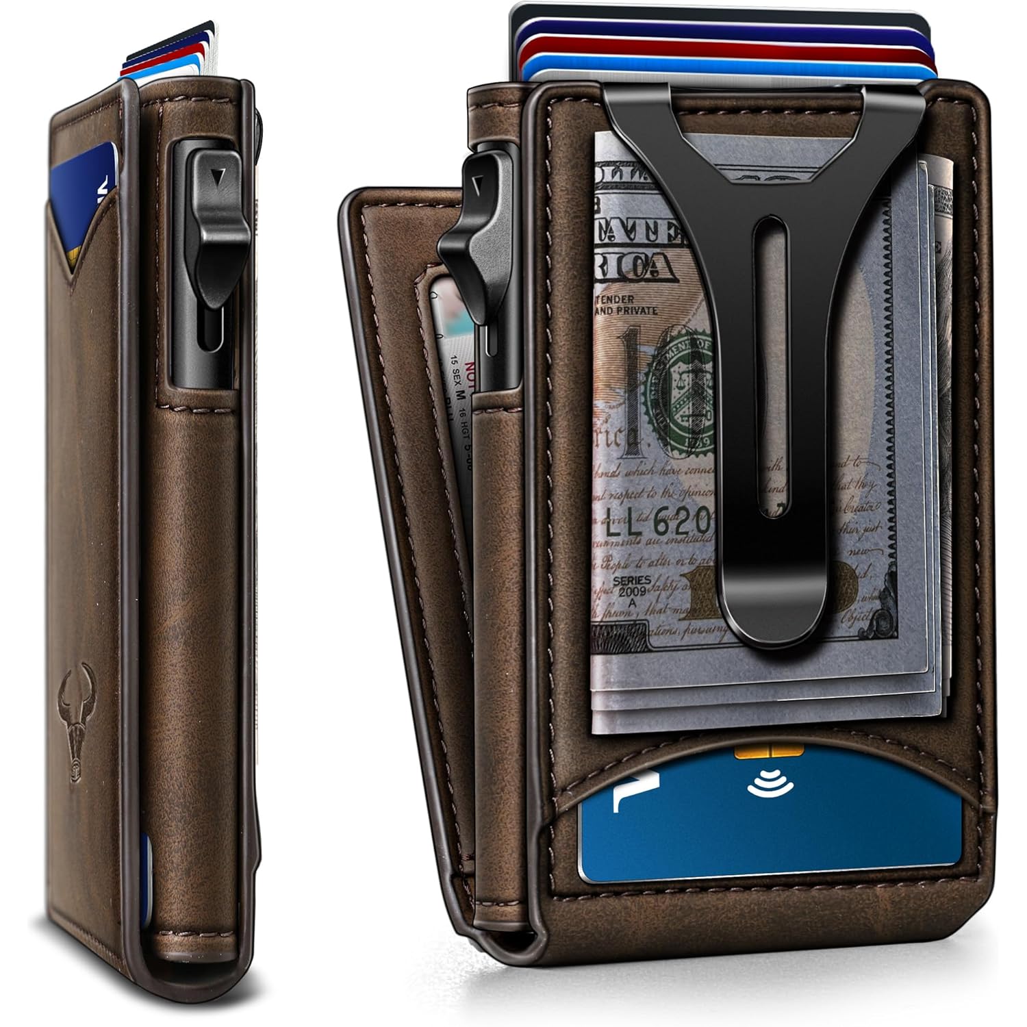 BULLIANT Men Wallet,Money Clip Wallet Slim For Gift Men 9Cards-Metal Credit Card Case in Magnetic Leather Flip