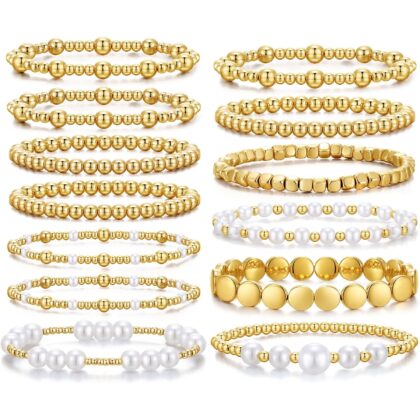 KISS WIFE Golden Bracelets for Women Golden Bracelet Stack Pearl Beaded Bracelets for Women Strand Bead Ball Stretchable Elastic Bracelet Set Adjustable Fashion Accessories Jewelry for Gifts