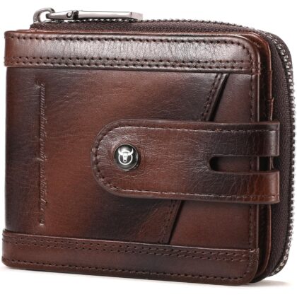 BULLCAPTAIN Genuine Leather Men's Wallet with Zipper Vintage RFID Blocking Large Capacity Wallet for Men with 14 Credit Card Slots and 1 ID Window T23 (Coffee)