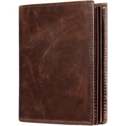Mens Leather Bifold RFID Vertical Wallet Extra Large Capacity Card Holder with 16 Slots and ID Window