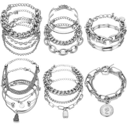 17IF 18-25 PCS(6 Pack) Boho Gold Bracelets Set for Women Stackable Chunky Dainty Bangles Adjustable Chain Flat Cuff Cuban Punk Charm Bundle Jewelry
