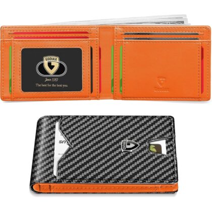 GSOIAX Slim Wallet for Men Rfid Blocking Leather Bifold Front Pocket Carbon Fiber Credit Card Holder With Gift Box (Carbon Black and Orange)