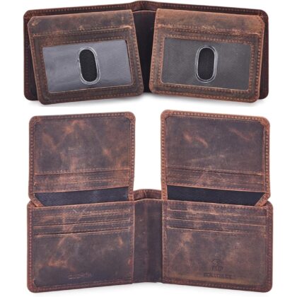 Mens Wallet Real Leather Bifold RFID Blocking High Capacity Card Case with 2 ID Window in Gift Box (Crazy Horse, Cognac)