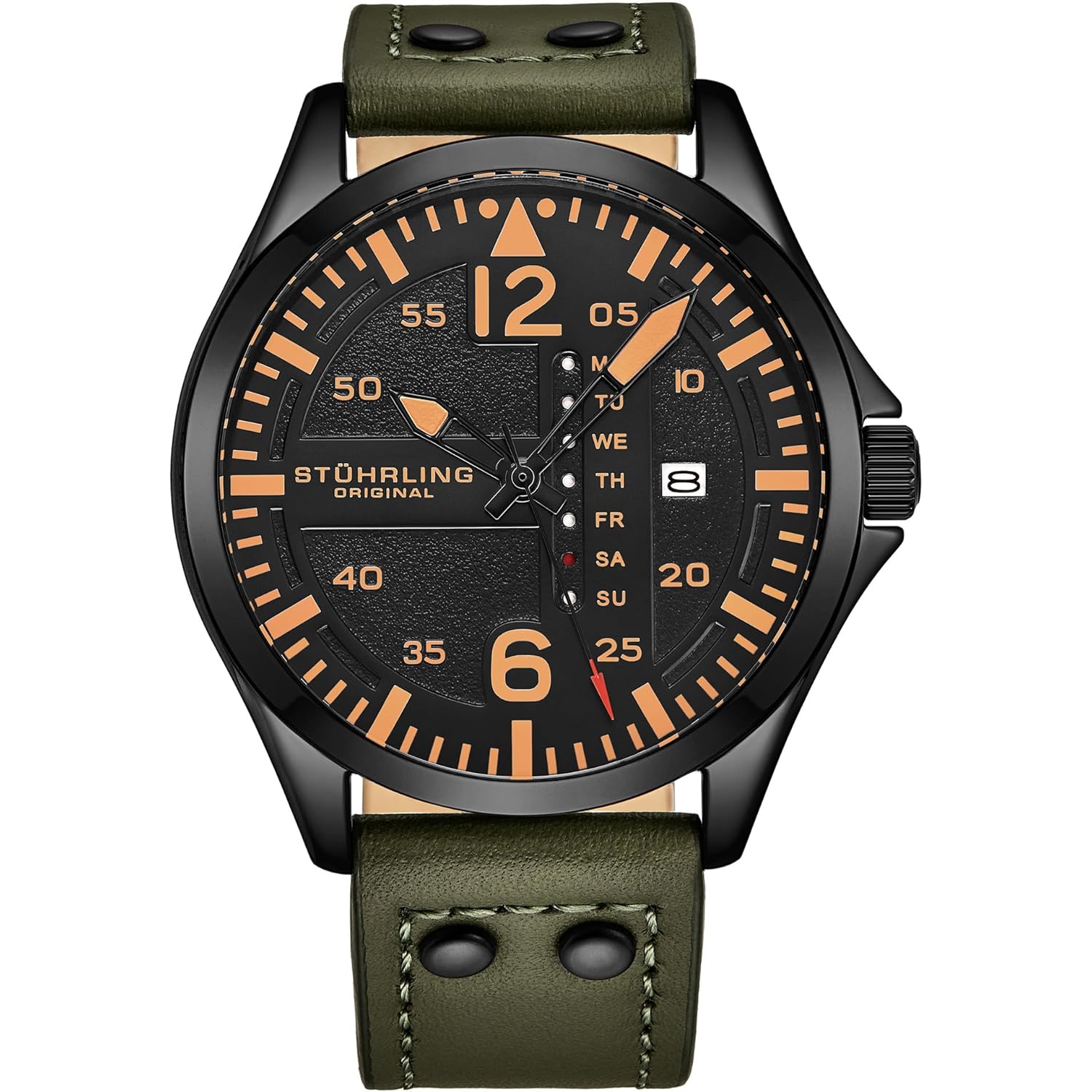 Stuhrling Original Mens Leather Watch -Aviation Watch, Quick-Set Day-Date Leather Band with Steel Rivets,