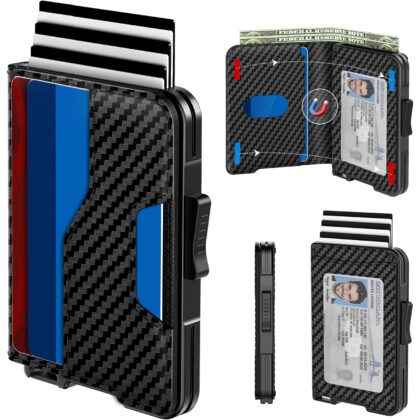 Wallet for Men - Pop Up Case, Cash Slot, and Credit Card Wallet - Slim Minimalist Aluminum Front Pocket Wallet with RFID Blocking/ID Window (Carbon Fiber)